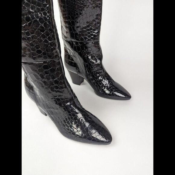 NEW SAINT LAURENT PARIS Sz EU 37 US 7 KIM Black Calfskin Croc Embossed OTK Boots - Picture 2 of 13